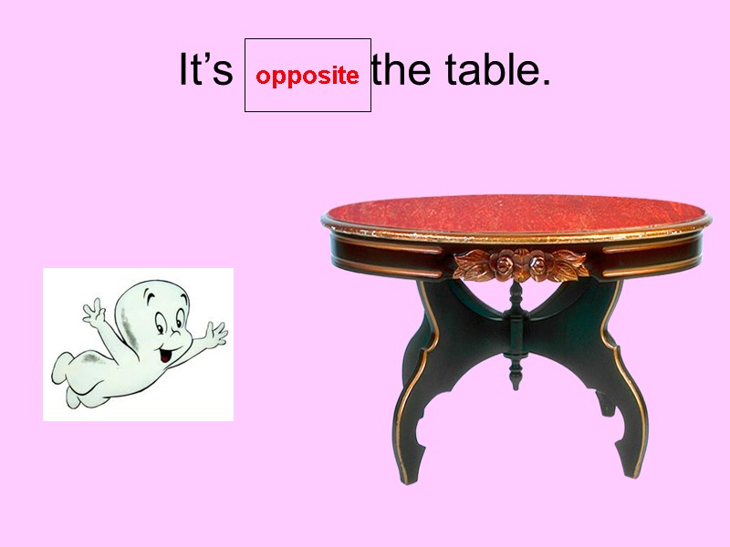 It’s           the table. opposite